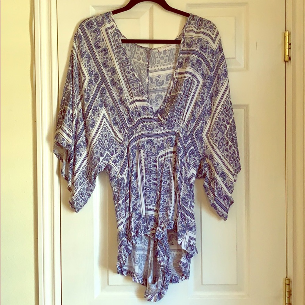 Blue and white print romper